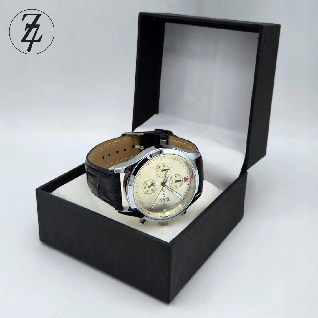 Classic Gold-Dial Quartz Watch with Black Faux-Leather Strap - LEINA 2002 Free Delivery