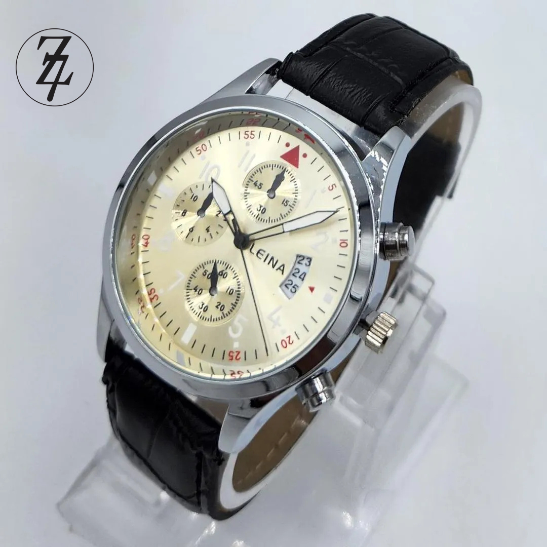 Classic Gold-Dial Quartz Watch with Black Faux-Leather Strap - LEINA 2002 Free Delivery