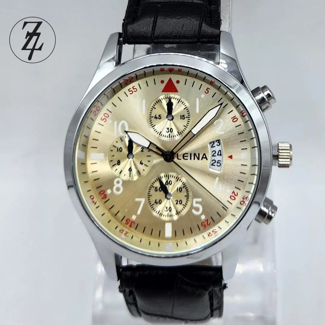 Classic Gold-Dial Quartz Watch with Black Faux-Leather Strap - LEINA 2002 Free Delivery