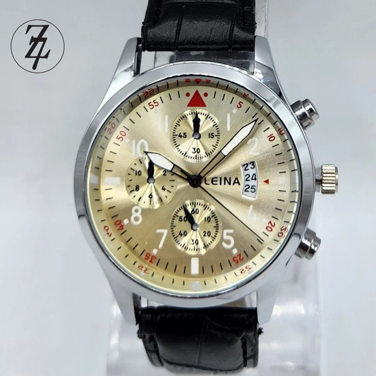 Classic Gold-Dial Quartz Watch with Black Faux-Leather Strap - LEINA 2002 Free Delivery